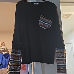 Black Long Sleeve Top with Patterned Sleeves